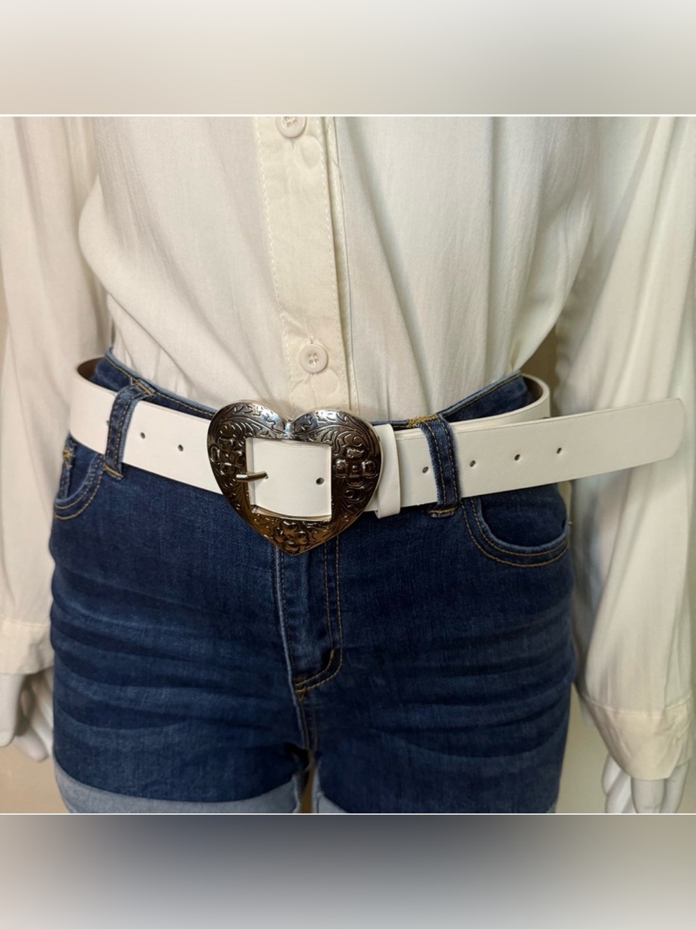 White PU leather silver tone heart buckle studded skinny belt